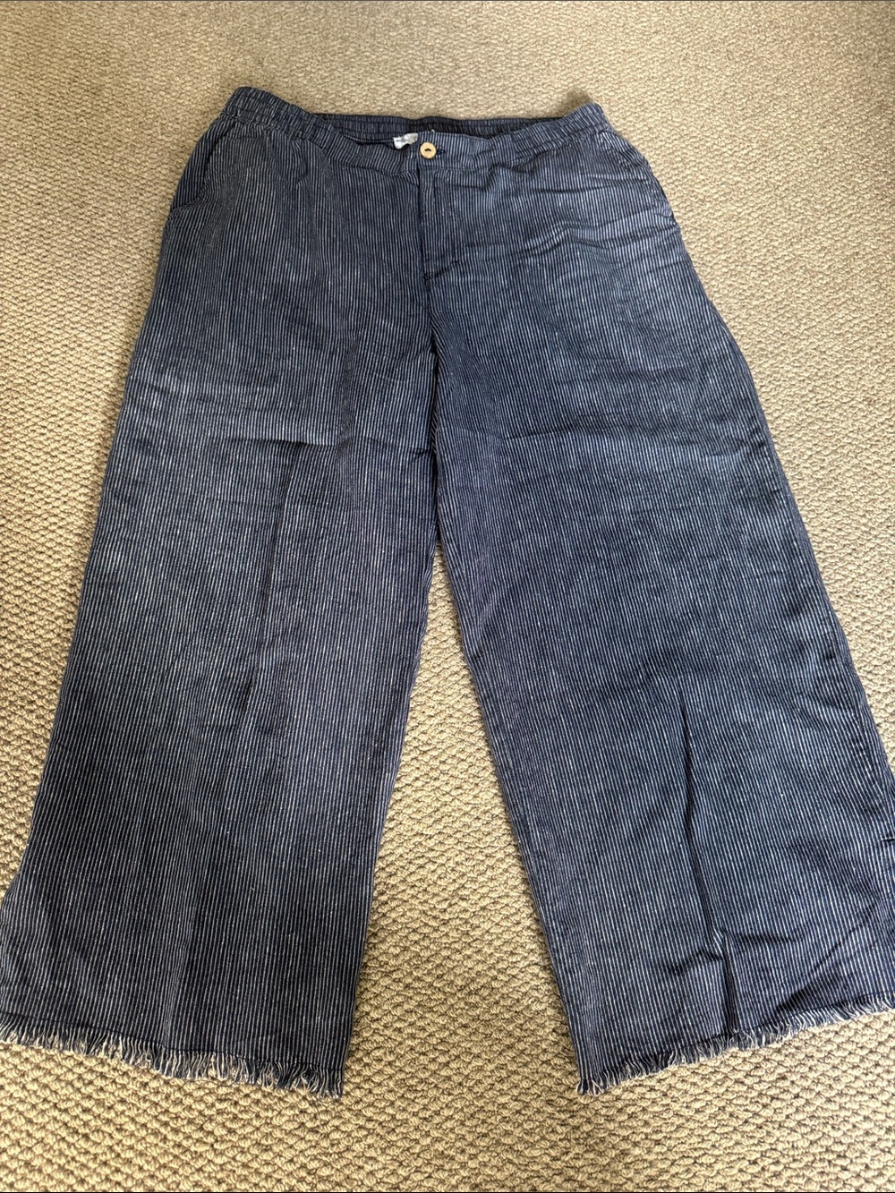 Carve Designs Navy Pinstripe Wide-Leg Pants with fringe hem